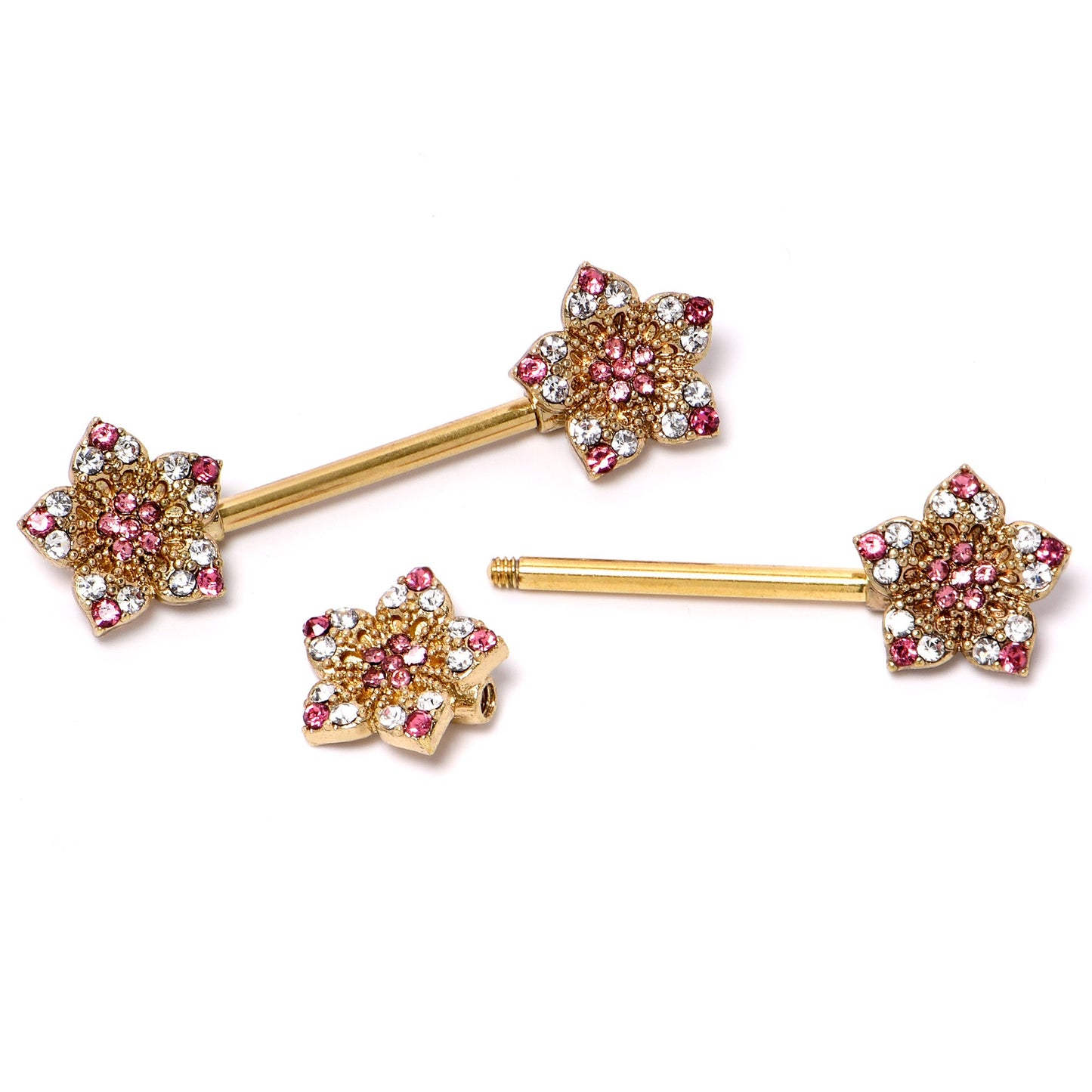 14G 9/16 Pink Gem Gold Tone Texture Star Barbell Nipple Ring Set