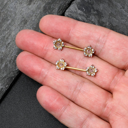 14G 9/16 Pink Gem Gold Tone Texture Star Barbell Nipple Ring Set