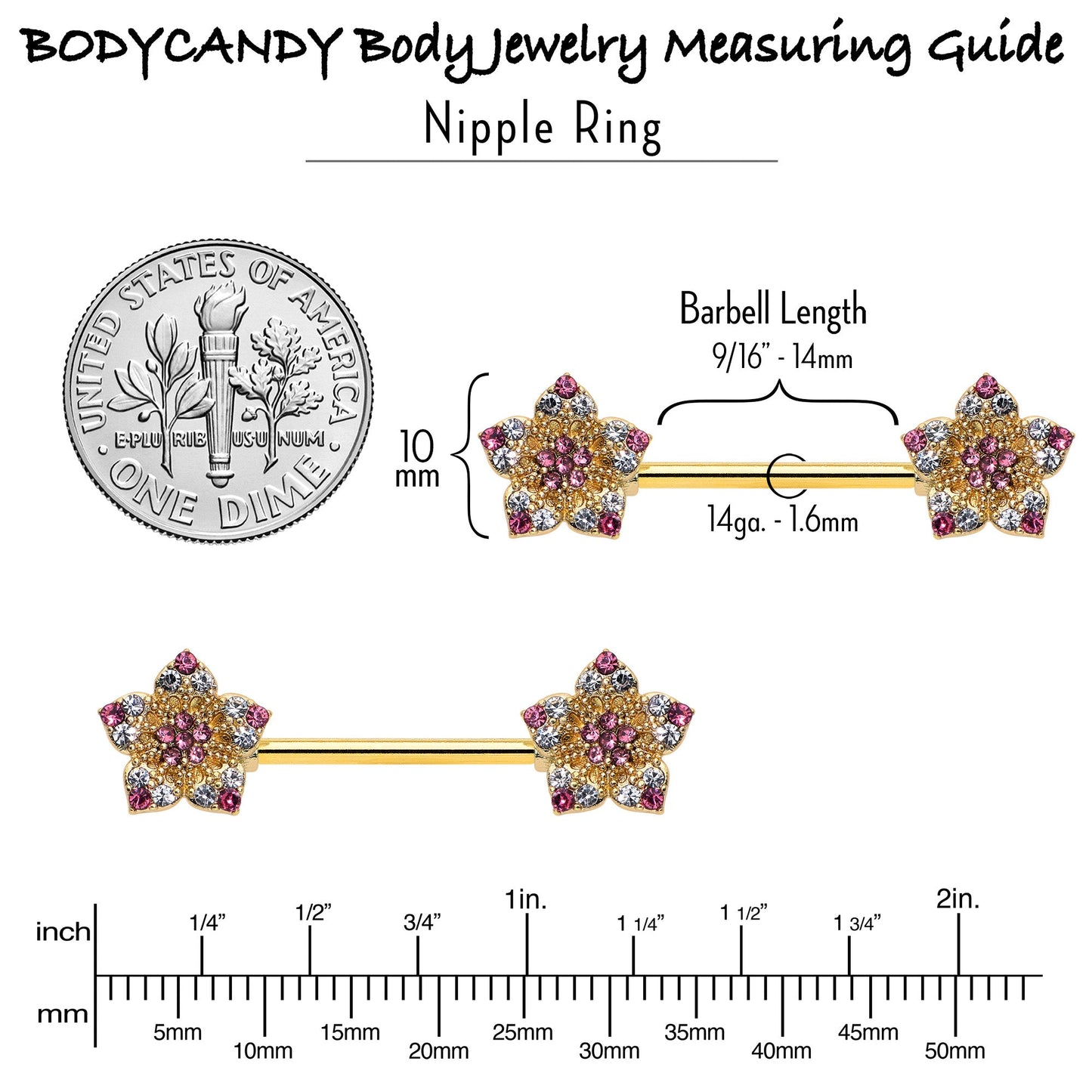 14G 9/16 Pink Gem Gold Tone Texture Star Barbell Nipple Ring Set