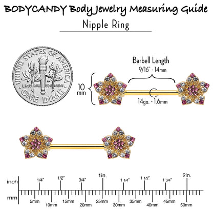 14G 9/16 Pink Gem Gold Tone Texture Star Barbell Nipple Ring Set