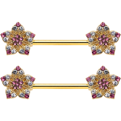 14G 9/16 Pink Gem Gold Tone Texture Star Barbell Nipple Ring Set