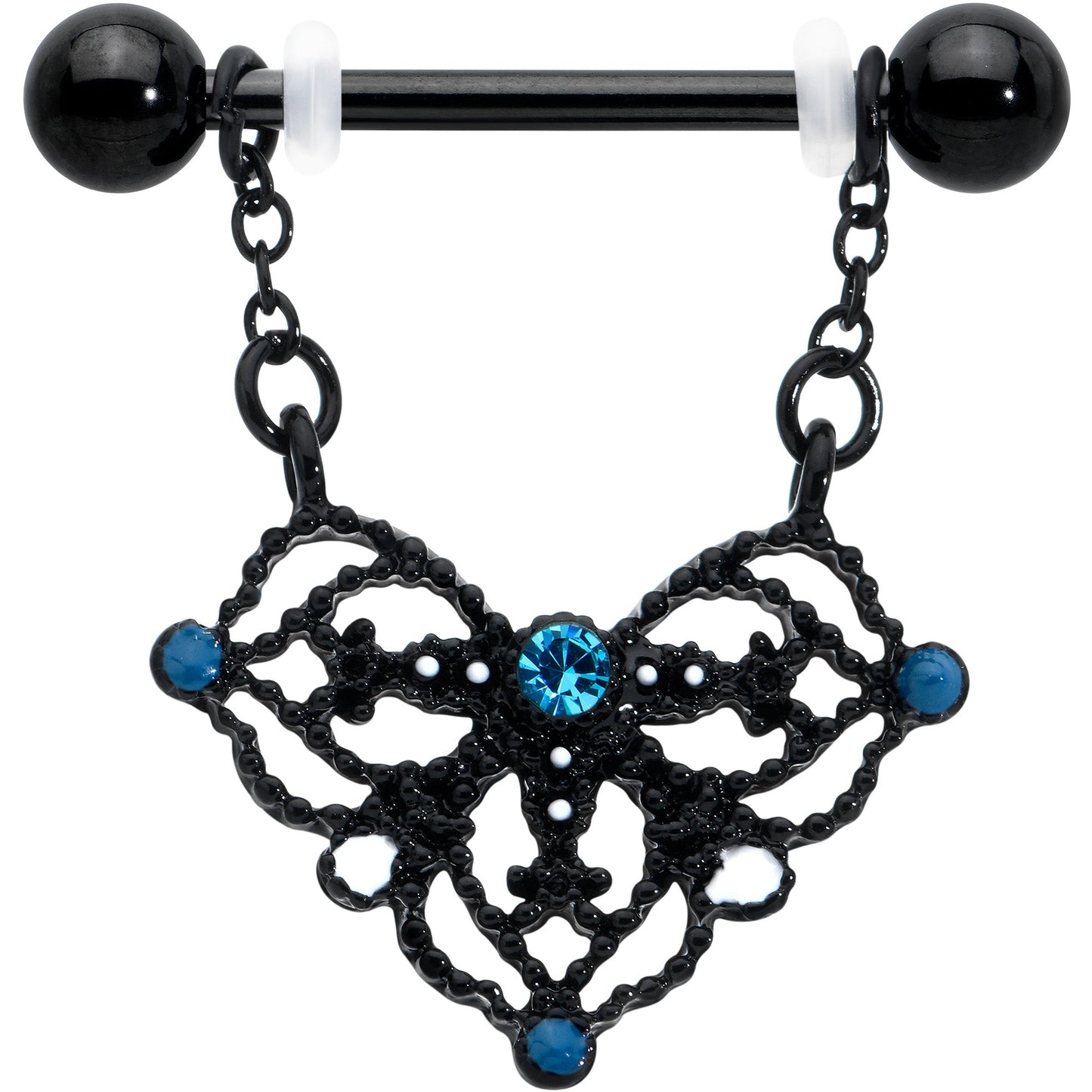 14G 9/16 Blue Gem Black Lacy Rhombus Dangle Nipple Ring Set