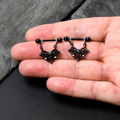14G 9/16 Blue Gem Black Lacy Rhombus Dangle Nipple Ring Set
