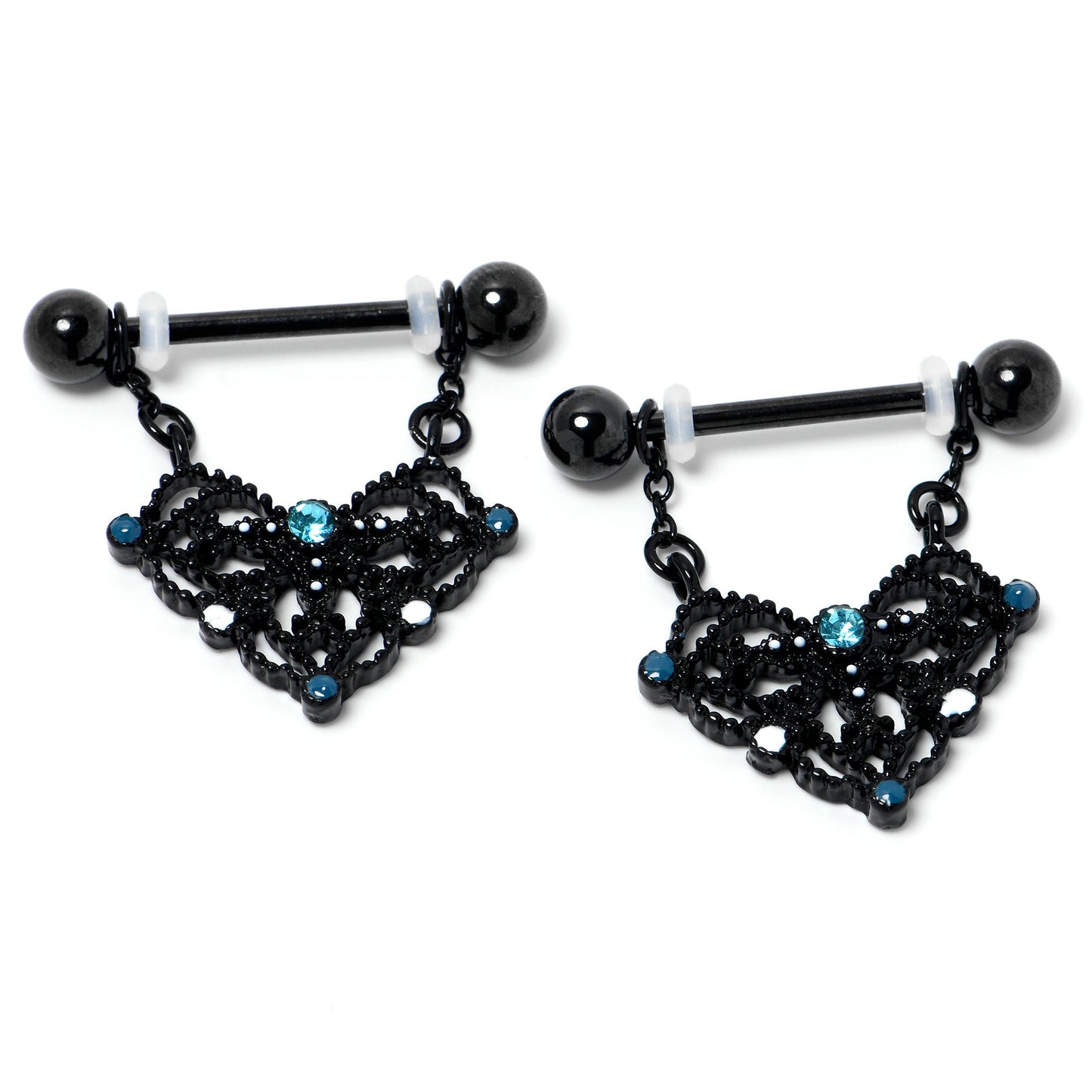 14G 9/16 Blue Gem Black Lacy Rhombus Dangle Nipple Ring Set