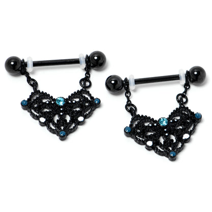 14G 9/16 Blue Gem Black Lacy Rhombus Dangle Nipple Ring Set