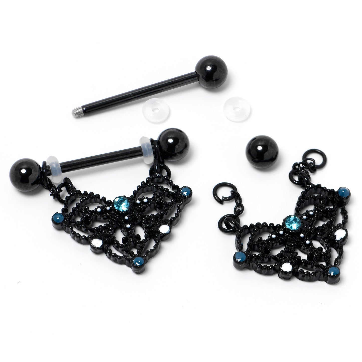 14G 9/16 Blue Gem Black Lacy Rhombus Dangle Nipple Ring Set