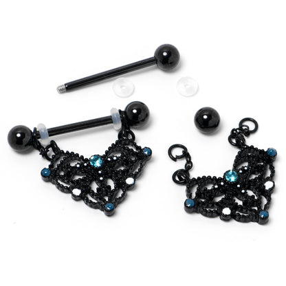 14G 9/16 Blue Gem Black Lacy Rhombus Dangle Nipple Ring Set