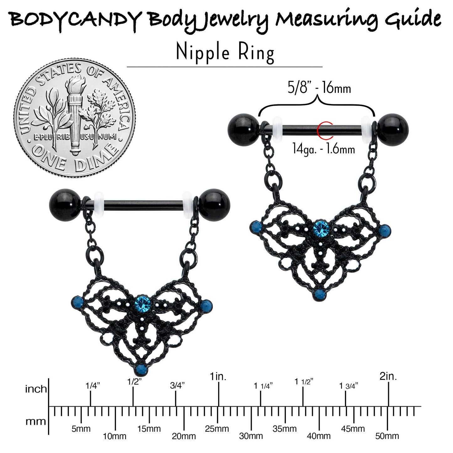 14G 9/16 Blue Gem Black Lacy Rhombus Dangle Nipple Ring Set