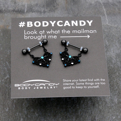 14G 9/16 Blue Gem Black Lacy Rhombus Dangle Nipple Ring Set