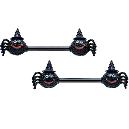 14G 9/16 Black Halloween Smiling Spider Barbell Nipple Ring Set