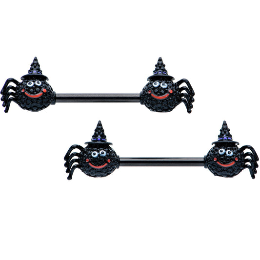 14G 9/16 Black Halloween Smiling Spider Barbell Nipple Ring Set