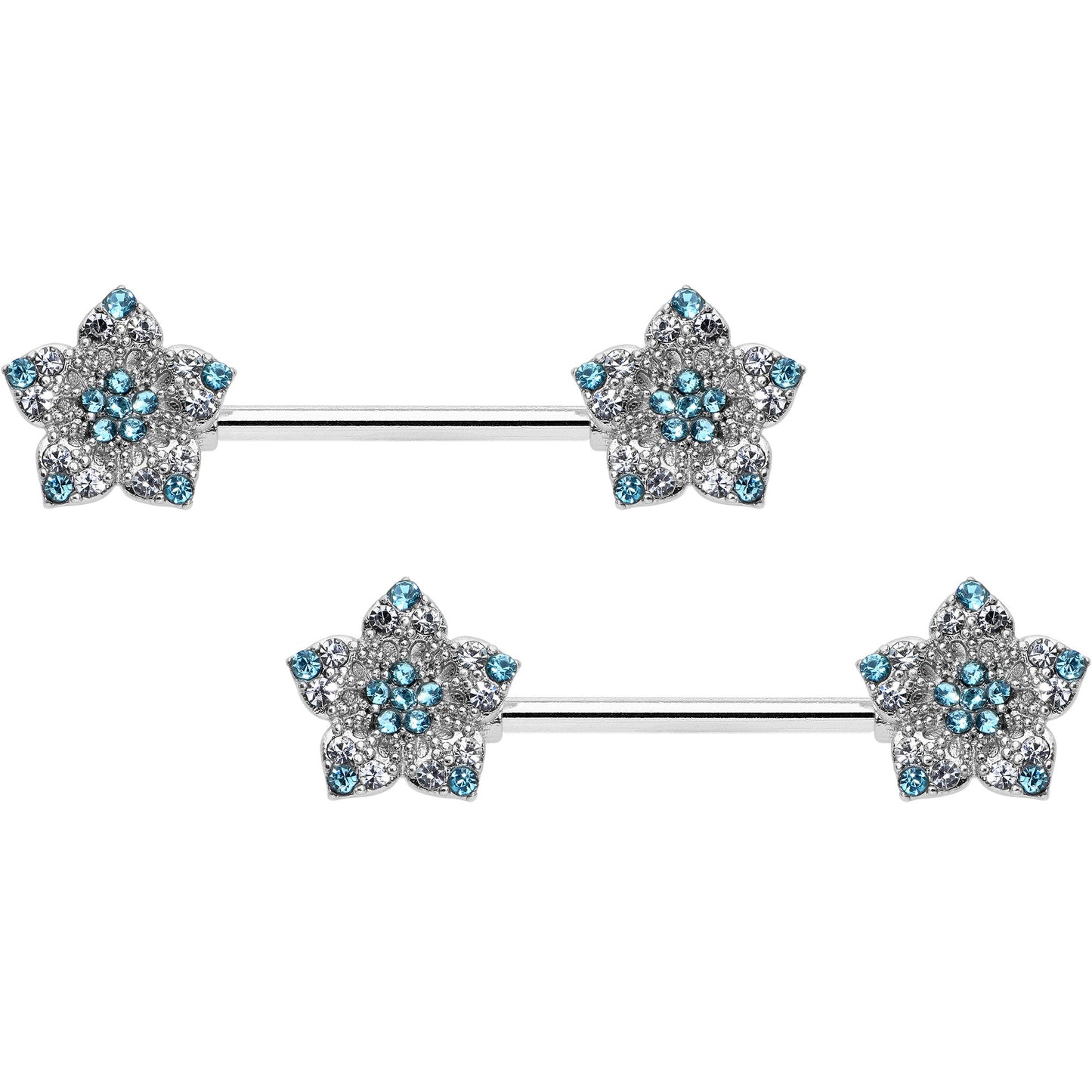 14G 9/16 Blue Clear Gem Opulent Flowers Barbell Nipple Ring Set