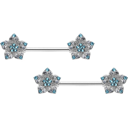 14G 9/16 Blue Clear Gem Opulent Flowers Barbell Nipple Ring Set