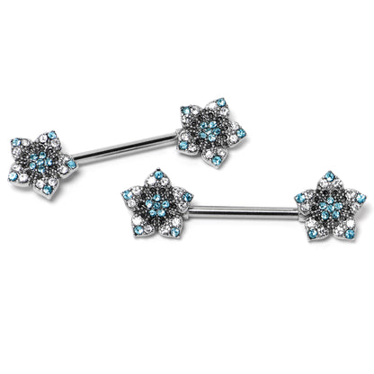 14G 9/16 Blue Clear Gem Opulent Flowers Barbell Nipple Ring Set