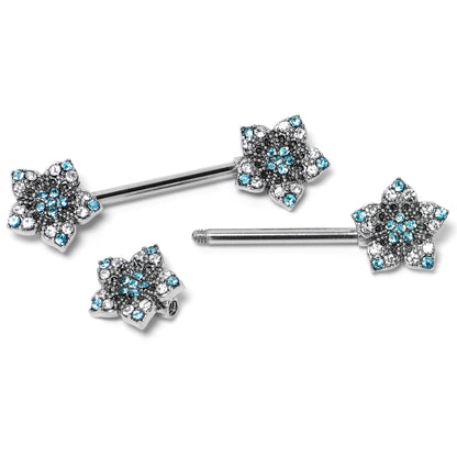 14G 9/16 Blue Clear Gem Opulent Flowers Barbell Nipple Ring Set