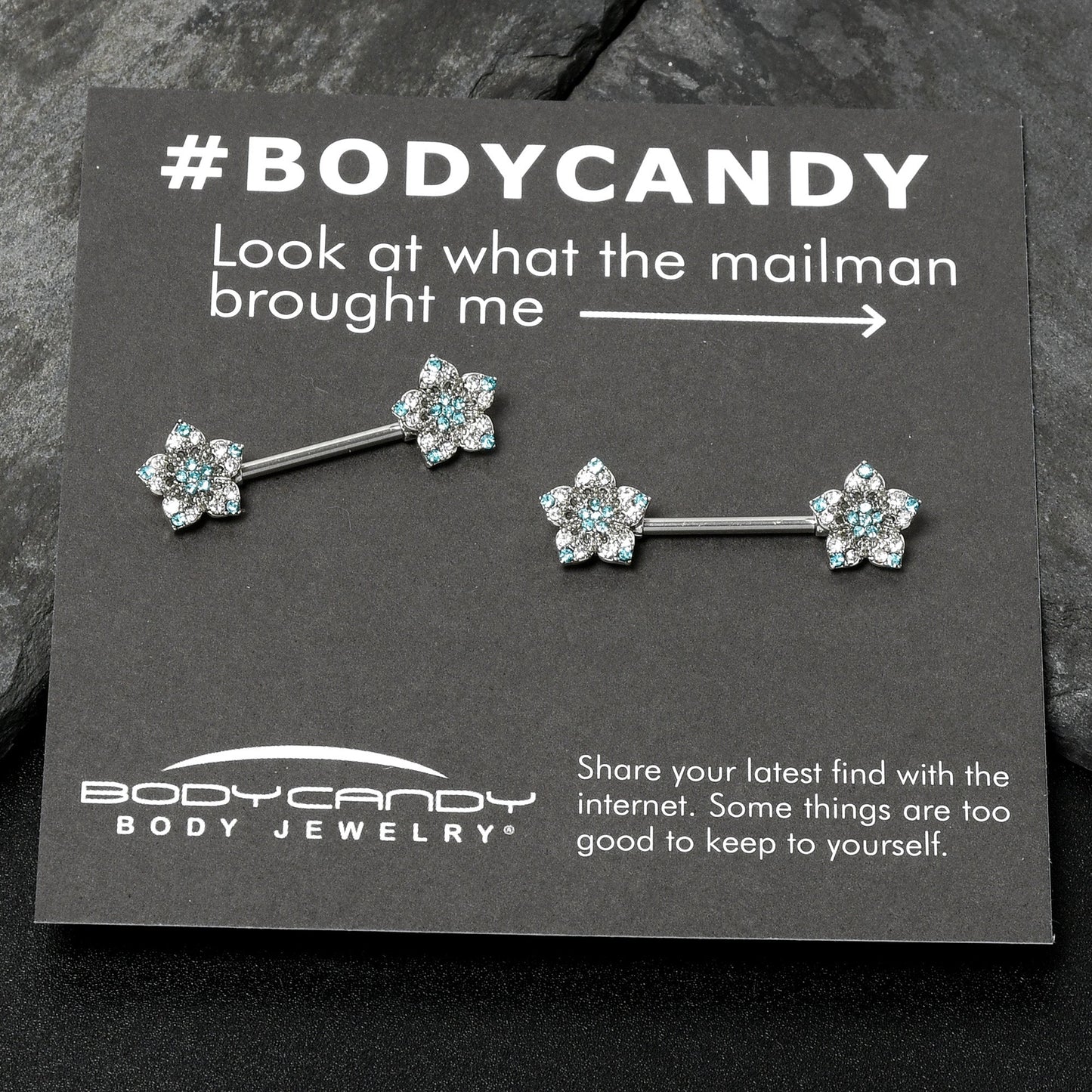 14G 9/16 Blue Clear Gem Opulent Flowers Barbell Nipple Ring Set