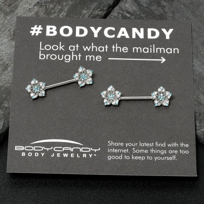 14G 9/16 Blue Clear Gem Opulent Flowers Barbell Nipple Ring Set