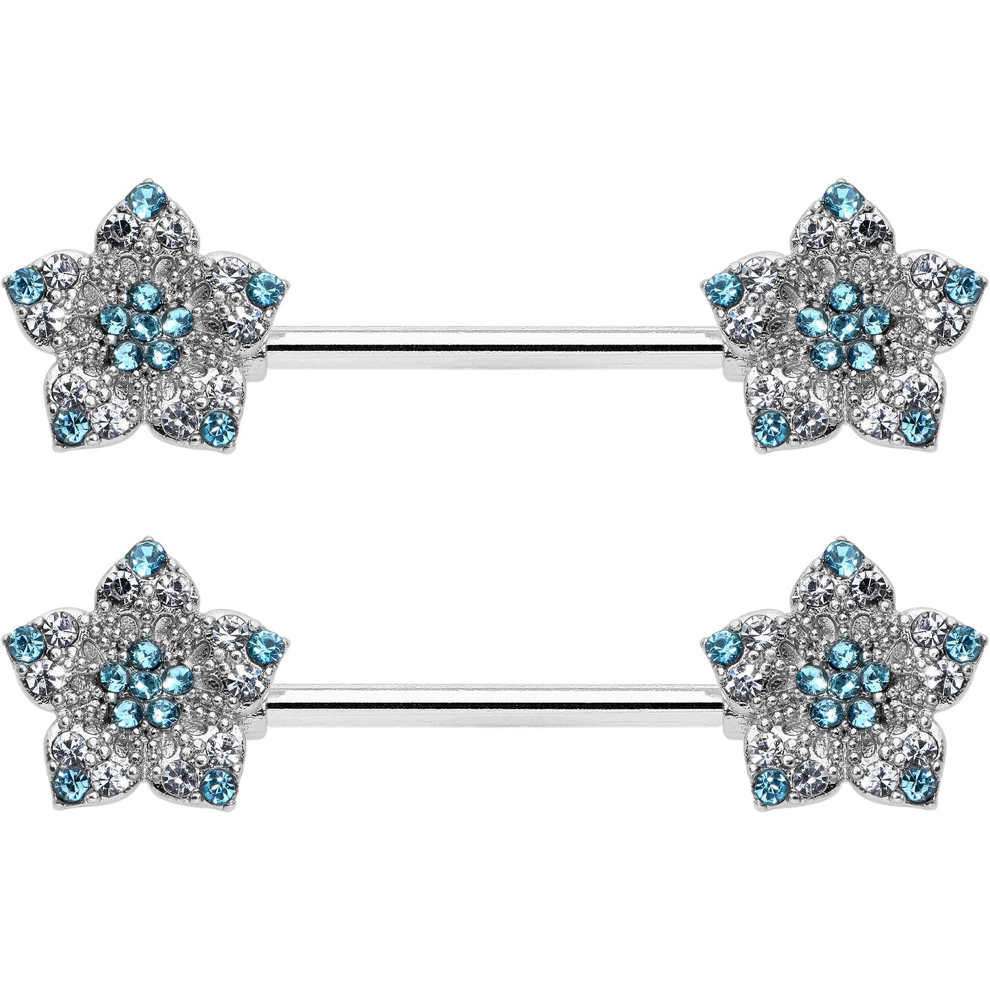 14G 9/16 Blue Clear Gem Opulent Flowers Barbell Nipple Ring Set