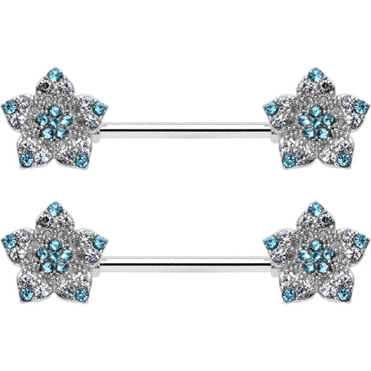 14G 9/16 Blue Clear Gem Opulent Flowers Barbell Nipple Ring Set