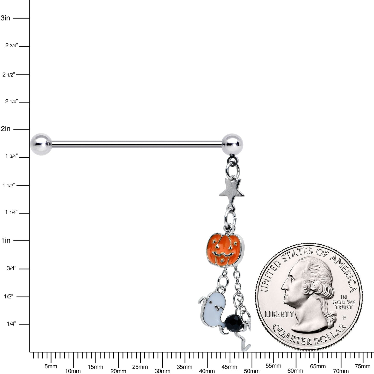 14G Halloween Pumpkin Ghost Chain Dangle Industrial Barbell 38mm