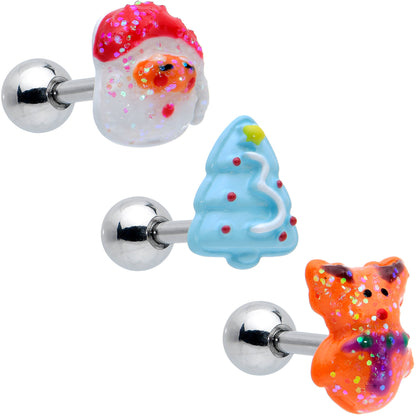 16G 1/4 Glitter Santa Tree Reindeer Cartilage Earring Set of 3