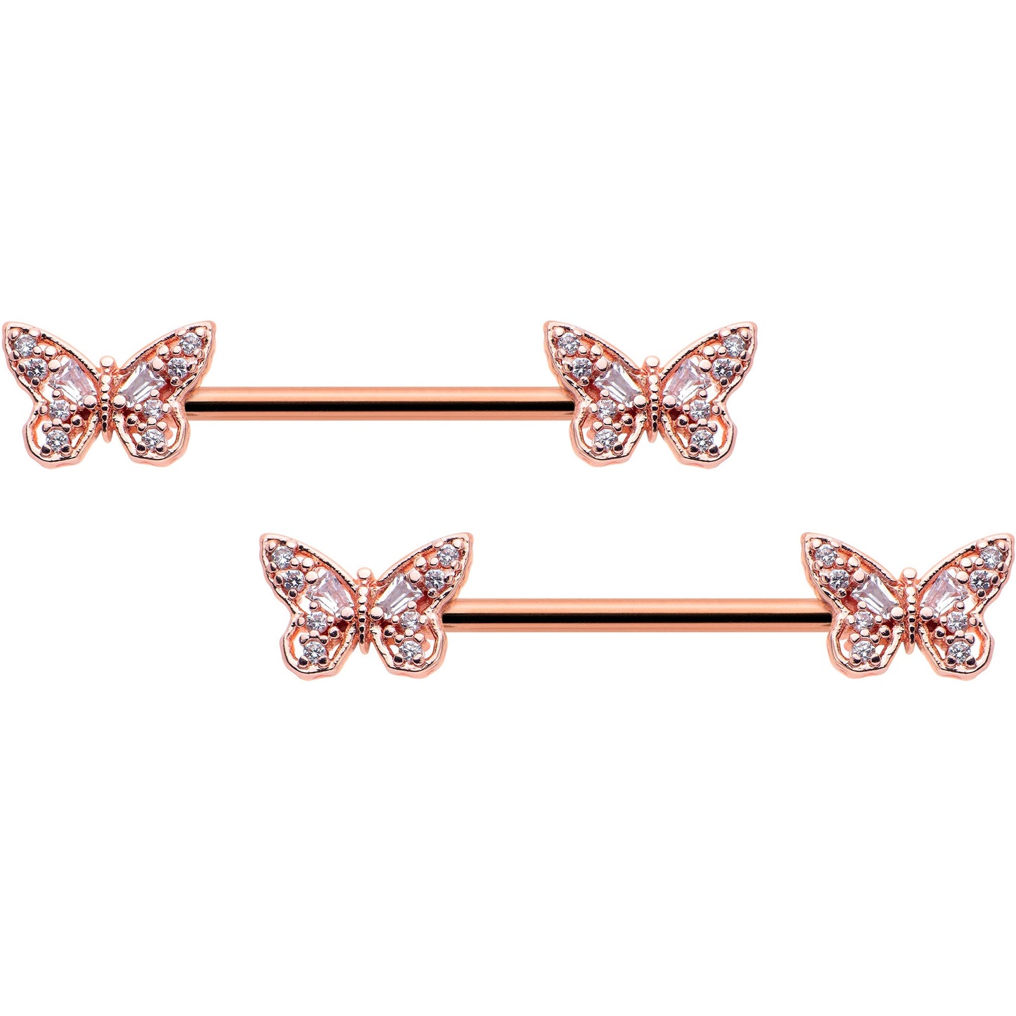 14G 9/16 Clear Gem Rosy Tone Baroque Butterfly Nipple Ring Set