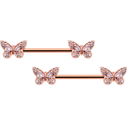 14G 9/16 Clear Gem Rosy Tone Baroque Butterfly Nipple Ring Set