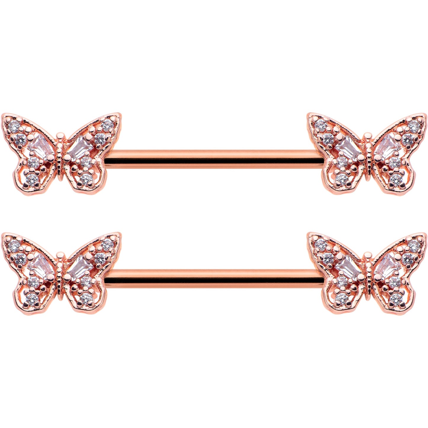 14G 9/16 Clear Gem Rosy Tone Baroque Butterfly Nipple Ring Set