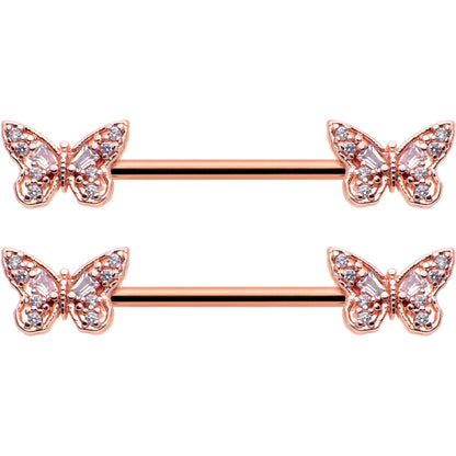 14G 9/16 Clear Gem Rosy Tone Baroque Butterfly Nipple Ring Set