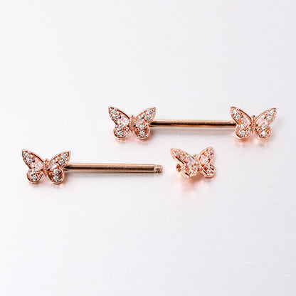 14G 9/16 Clear Gem Rosy Tone Baroque Butterfly Nipple Ring Set