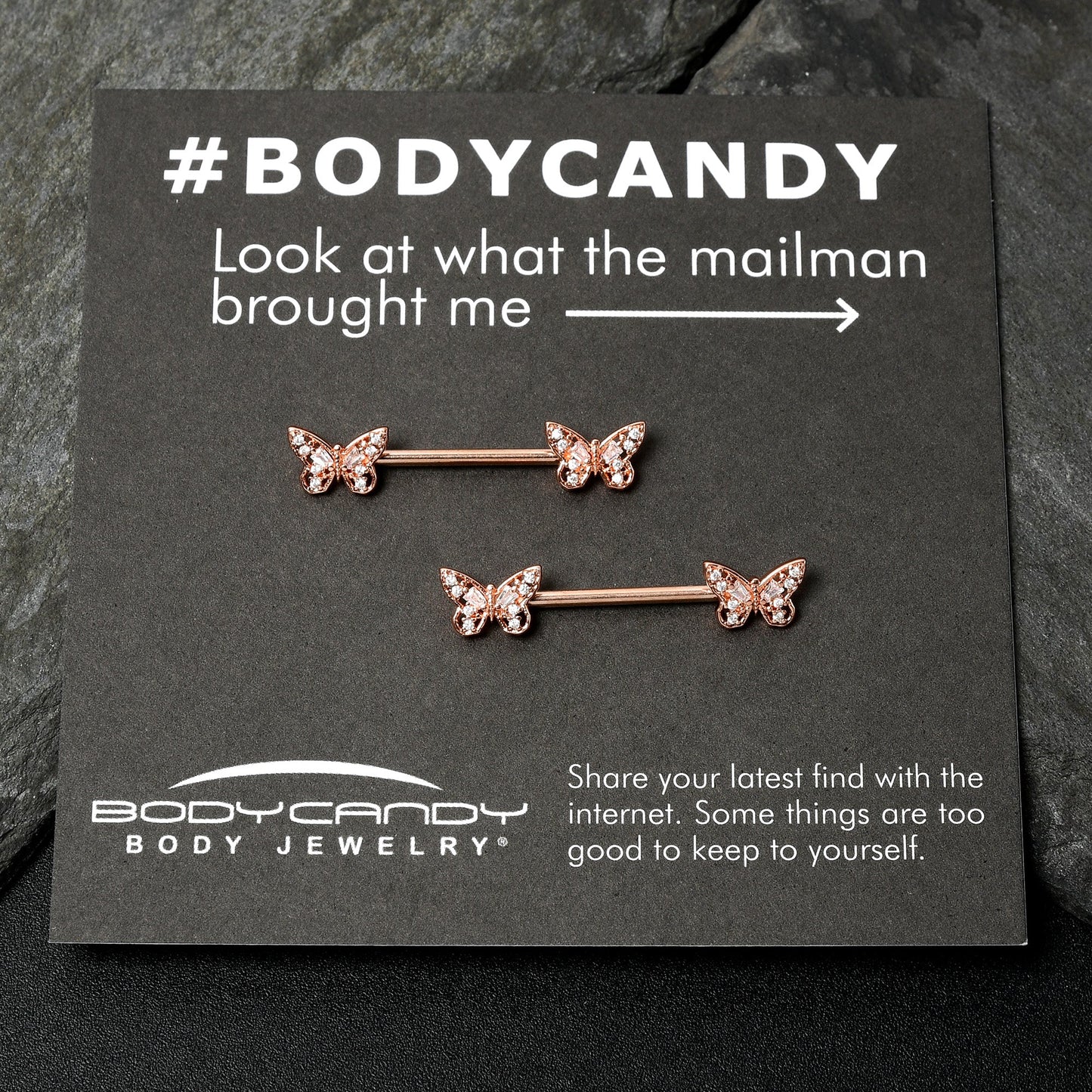 14G 9/16 Clear Gem Rosy Tone Baroque Butterfly Nipple Ring Set