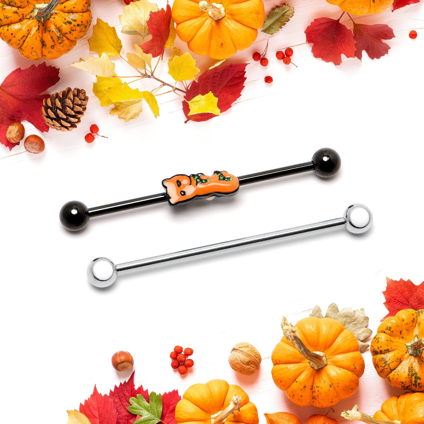 14G Black Halloween Boo Glow in Dark Industrial Barbell Set of 2