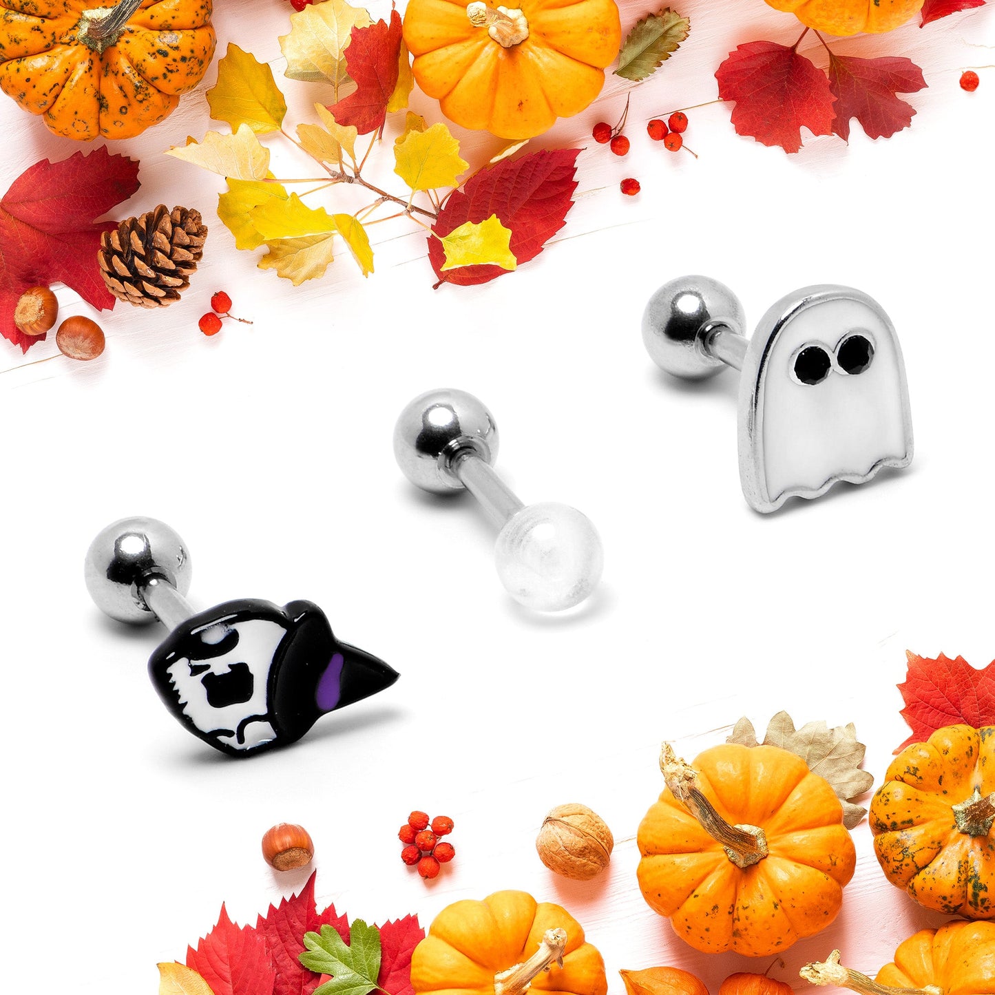 16G 1/4 Glow in Dark Skull Ghost Halloween Cartilage Set of 3