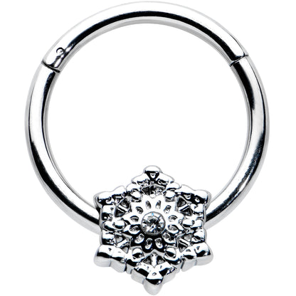 16G 3/8 Clear Gem Filigree Winter Snowflake Hinged Segment Ring