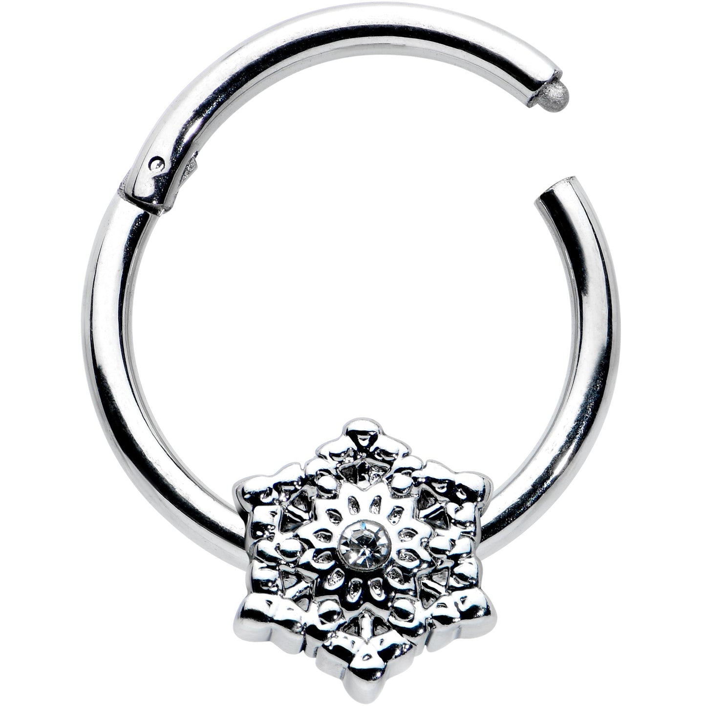 16G 3/8 Clear Gem Filigree Winter Snowflake Hinged Segment Ring