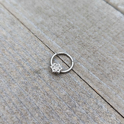 16G 3/8 Clear Gem Filigree Winter Snowflake Hinged Segment Ring