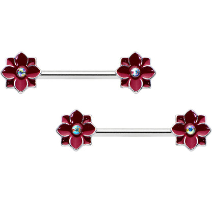 14G 9/16 Aurora Gem Poinsettia Flower Barbell Nipple Ring Set