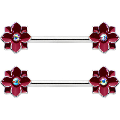 14G 9/16 Aurora Gem Poinsettia Flower Barbell Nipple Ring Set