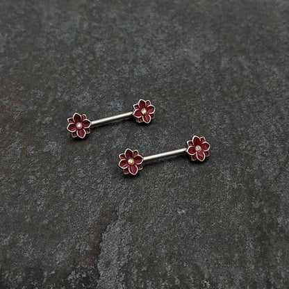 14G 9/16 Aurora Gem Poinsettia Flower Barbell Nipple Ring Set