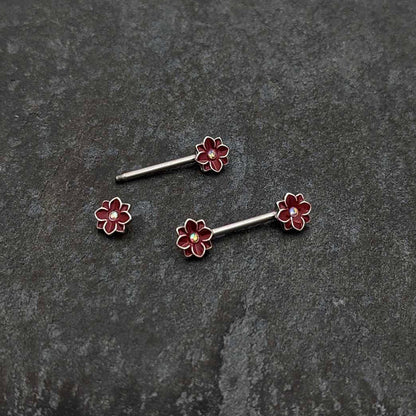 14G 9/16 Aurora Gem Poinsettia Flower Barbell Nipple Ring Set