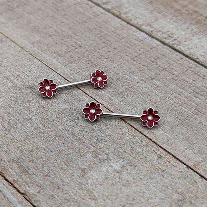 14G 9/16 Aurora Gem Poinsettia Flower Barbell Nipple Ring Set