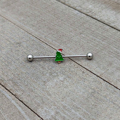 14G Happy Christmas Tree Hat Holiday Industrial Barbell 38mm