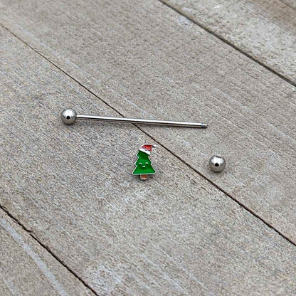 14G Happy Christmas Tree Hat Holiday Industrial Barbell 38mm
