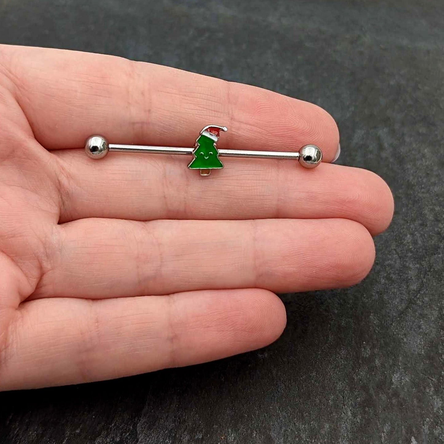 14G Happy Christmas Tree Hat Holiday Industrial Barbell 38mm