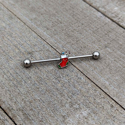 14G Happy Christmas Stocking Red Green Industrial Barbell 38mm