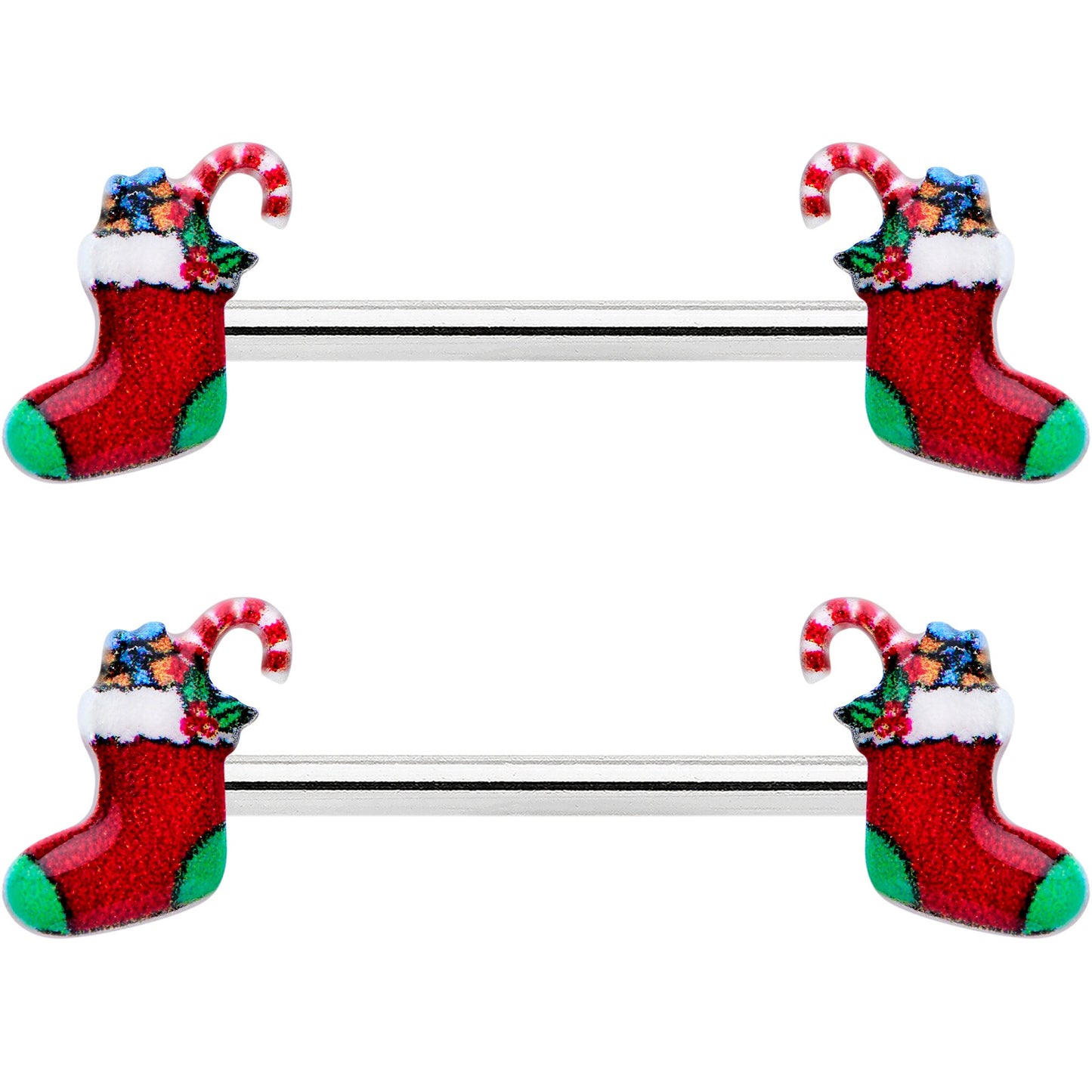 14G 9/16 Cheery Christmas Stocking Red Barbell Nipple Ring Set