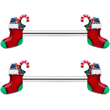 14G 9/16 Cheery Christmas Stocking Red Barbell Nipple Ring Set