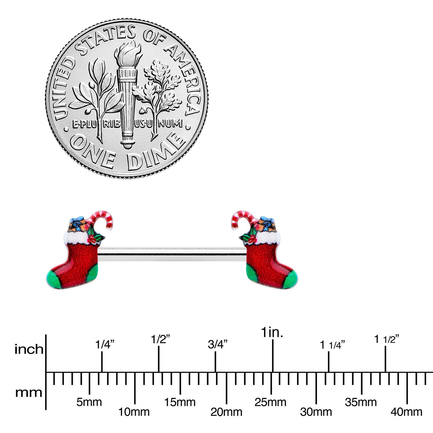 14G 9/16 Cheery Christmas Stocking Red Barbell Nipple Ring Set
