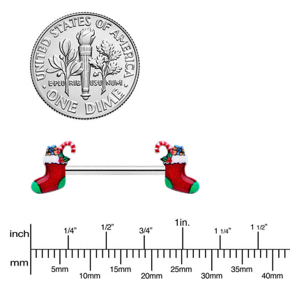 14G 9/16 Cheery Christmas Stocking Red Barbell Nipple Ring Set