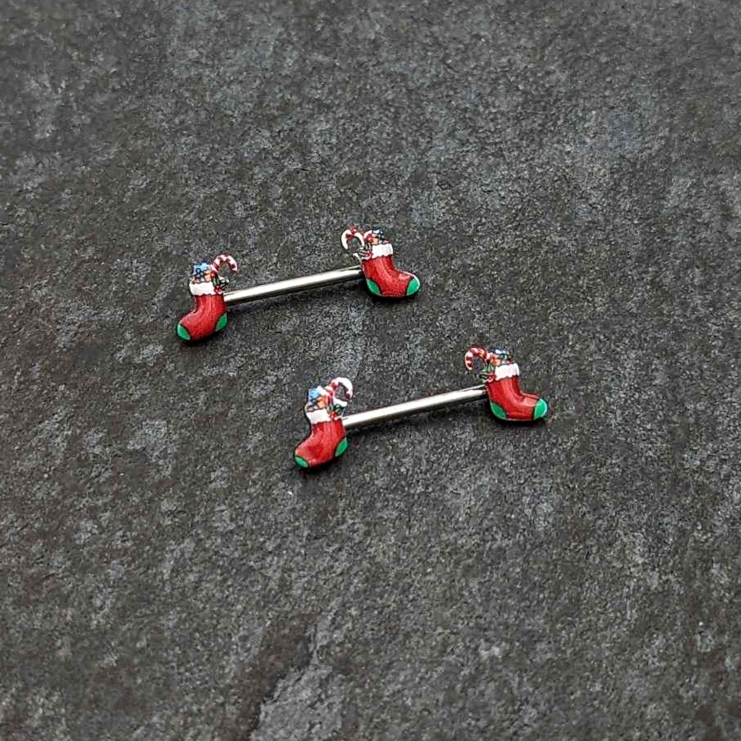 14G 9/16 Cheery Christmas Stocking Red Barbell Nipple Ring Set